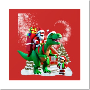 Santa Claus riding a dinosaur with gifts Posters and Art